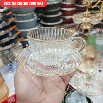 Premium Tea Cup Set- 6 Pcs Set - Strip B Top Golden Rim