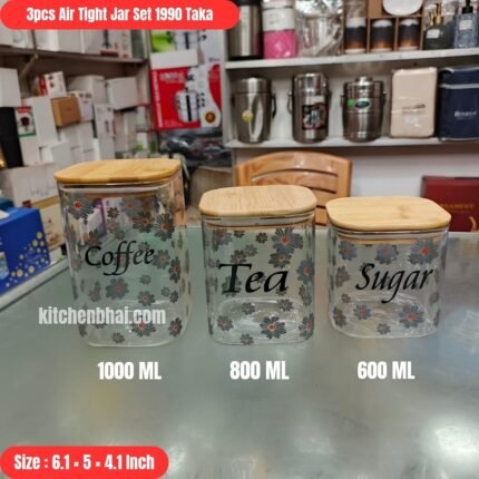 3pcs Square Floral Air Tight Jar Set With Wooden Lid