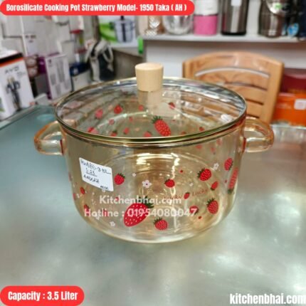 Borosilicate Glass Cookware- Strawberry Model Cooking Pot with Lid- 3.5 Liter-AH